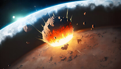 Collision of asteroid, Meteorite, with planet Mars. Generation AI