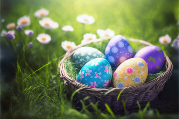 Fototapeta na wymiar A bunch of Easter eggs in a basket, super realistic and detailed, with amazing colors, beautiful background.