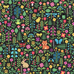 Seamless spring pattern in pixel art style. Vector repeating background with flowers, bunny, fox, frog, butterfly, dragonfly, and various plant elements on a dark background