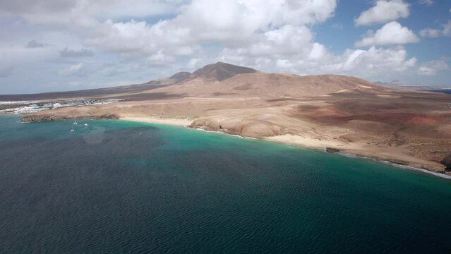 The drone aerial footage of Playa de Papagayo, Lanzarote Island, Spain.