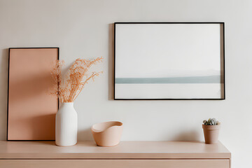 Modern interior with wooden counter and black frame in warm tones and AI generated illustration.