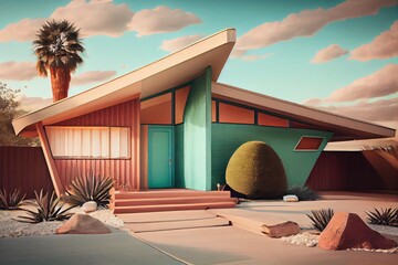 Iconic mid-century modern architecture, cozy and beautiful family house and driveway - generative ai