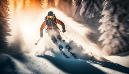 Banner Extreme skiing. Freeride ski in fresh powder snow with sunlight. Winter action photo. Generation AI