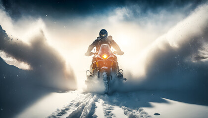 Portrait sportman of Winter Extreme Freeride Snowmobile fresh powder snow with sunlight, banner skidoo sport. Generation AI