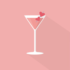 pink cocktail in a glass with hearts on a pink background, simplified vector illustration in flat and vintage style