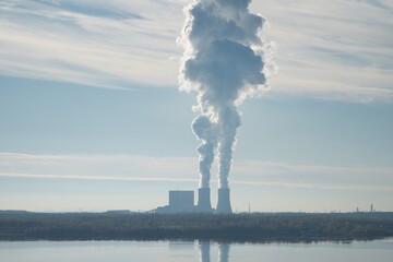 Power plant near a lake disturbing the scenic landscape