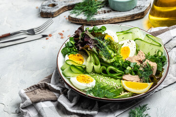 Ketogenic low carbs diet, Plate with keto foods: two eggs, avocado, tuna, cucumber and fresh salad. Healthy fats, clean eating for weight loss. top view
