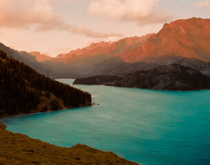 Amazing view of a lake with mountains. Generative AI
