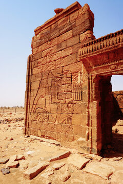 Ruins of Naqa Meroe, in ancient Kush, Sudan, Africa. This is the temple of Amun (1st c. BC) with a hypostyle of several columns and splendid hieroglyphics.
