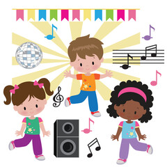 Plakat Dance party vector cartoon illustration. Birthday party. Dancing children.