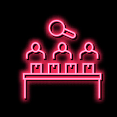 factory employees controlling manufacturing process neon glow icon illustration