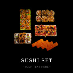 Top view of different Japanese sushi rolls isolated on black background. Ready luxury restaurant menu banner with text and copy space. Set of Dragon and hot breaded tempura roll pieces