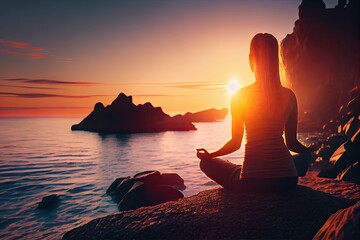 Silhouette of a young woman practicing yoga on the beach at sunset - generative ai