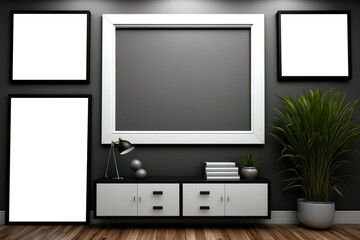 Blank frames on wall in living room. Template for Design. Mock Up. AI generated