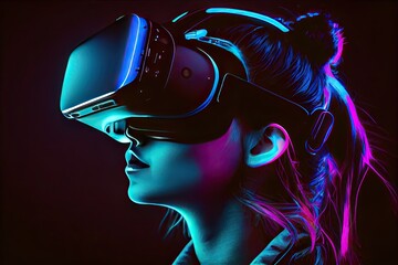 Young woman using virtual reality headset VR, Neon light studio portrait - generative ai