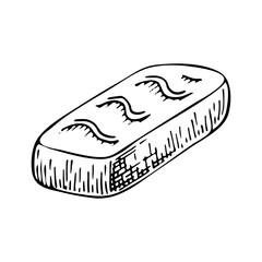 Chocolate sweet bar sketch. Confectionery food, candy, waffles, nut nougat. Yummy dessert. Candies with filling. Cocoa bean product. Hand drawn vector doodle illustration.