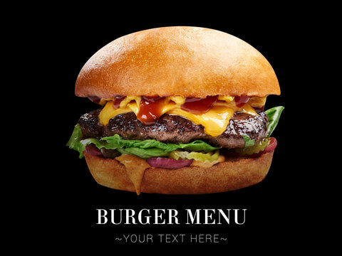 Double cheeseburger with ground beef cutlet, Cheddar cheese, onion, lettuce, pickles, mustard and bbq sauce. burger isolated on black background. Ready menu advertising banner with text, copy space
