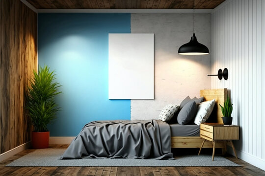 Blank Frame On Wall In Teenager Or Student Bedroom. Template For Design. Mock Up. AI Generated