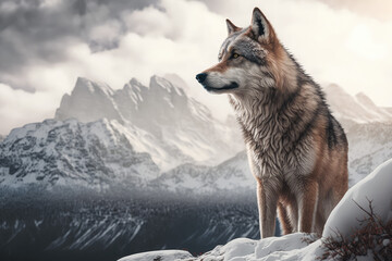 wolf in winter at the top of a mountain looking out made with generative ai