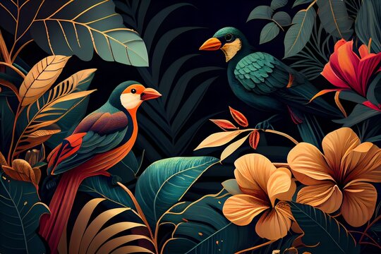 Tropical wallpaper background with plants and birds.The best computer wallpaper, incredible abstract background for the cover