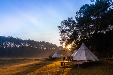 Tent camping in the morning . At Thung Salaeng Luang National Park Phetchabun Province, Thailand