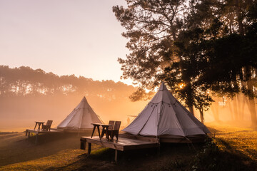 Tent camping in the morning . At Thung Salaeng Luang National Park Phetchabun Province, Thailand