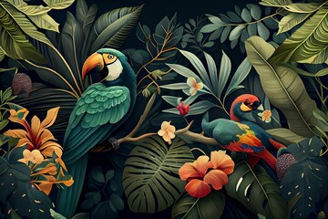 Tropical wallpaper background with plants and birds.The best computer wallpaper, incredible abstract background for the cover