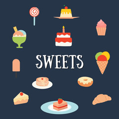 Set of sweets. Desserts Ice cream, cake, cupcake, croissant, donut