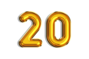 20 years old. Gold balloons, 20th anniversary number, happy birthday congratulations. Illustration of golden realistic 3d symbols. Banner, icons isolated on white background.