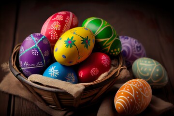 Fototapeta premium Colorful painted Easter eggs in basket. Generative AI