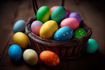 Fototapeta na wymiar Colored Easter eggs in wicker basket on wood table. Generative AI