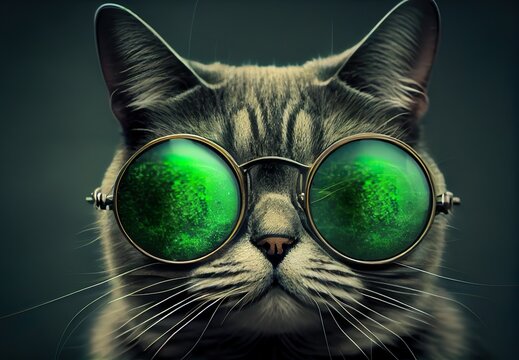 Cute cat, feline animal in green round funky glasses, sunglasses, kitty portrait. Generative AI