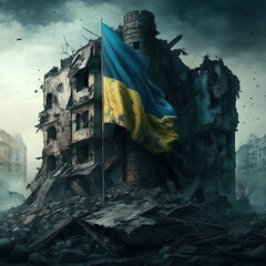 Destroyed building with Ukraine flag, Ukraine war - obrazy, fototapety, plakaty