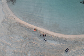 Aerial drone view of the coastline of empty beach in winter. Summer holidays. Nissi beach bay Ayia Napa, Cyprus