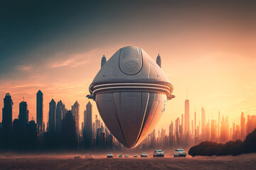 Alien spacecraft landed near big city on Earth created with Generative AI technology. - obrazy, fototapety, plakaty