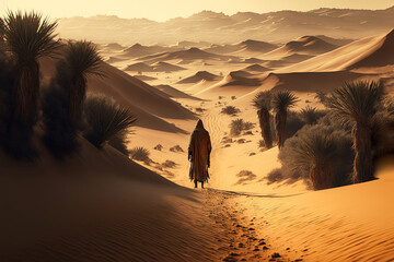 Man in robe walking in the desert created with Generative AI technology.