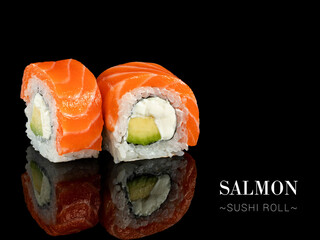 Close up to inside out sushi roll pieces with mirror reflection on black background. Sushi roll...