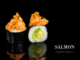Close up to sushi roll pieces with mirror reflection on black background. Sushi roll with lettuce, cucumber and avocado, salmon on top. Ready menu advertising banner with text and copy space.