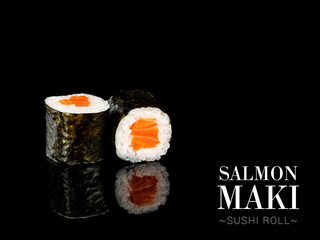 Side view of Maki sushi roll pieces with mirror reflection on black background. Sushi roll with salmon and nori seaweed on top. Ready menu advertising banner with text and copy space.