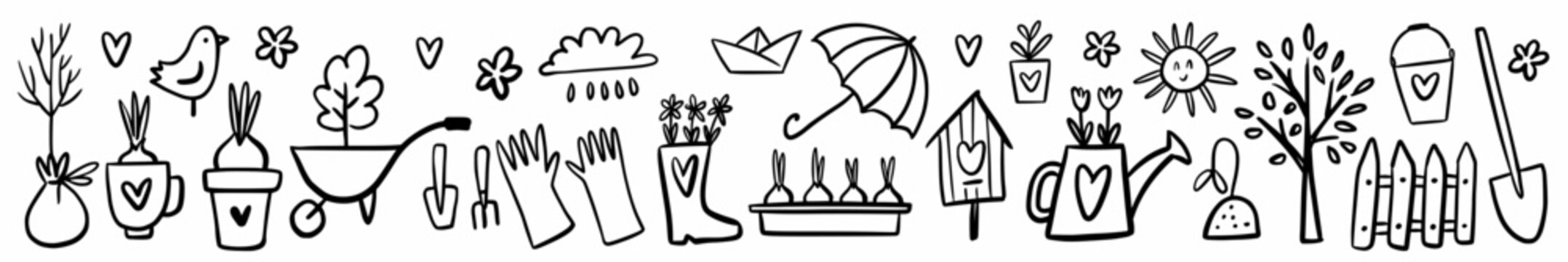 Vector horizontal pattern of gardening elements and spring symbols, hand-drawn in doodle style