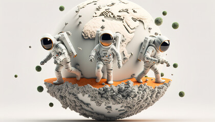 A group of three astronauts explores an unknown planet, helping each other and acting as a team. Generative ai