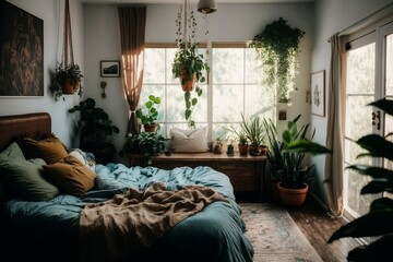 Cozy Bedroom with lots of plants - Generative AI	
