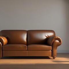 brown leather sofa in an empty room, copy space, generative AI