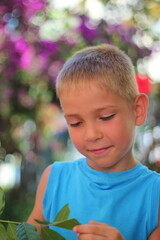 A confused schoolboy boy looks at a branch and a green leaf. Cute embarrassed guy. Human emotions and body language. Selective focus