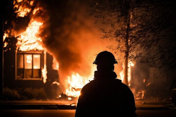 sapeur pompier vu de dos avec un gros incendie en arrière-plan, generative ai