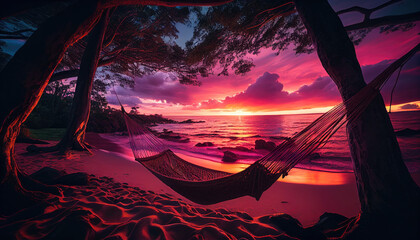 hammock on the ocean beach pink sunset paradise generative AI