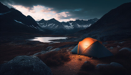 Fototapeta na wymiar Camping in the rocky mountains at sunset dark tent generative AI