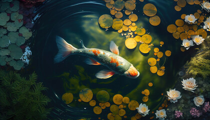 koi fish in pond with lily pads and flowers generative AI