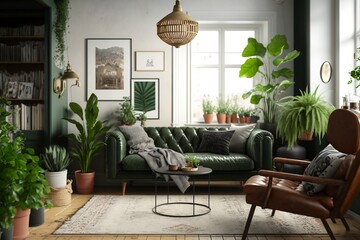 Modern living room with plants - Generative AI