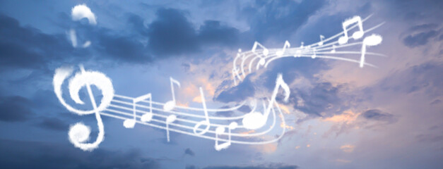 Staff with treble clef and musical notes against sky, banner design